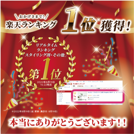 株式会社kyogokuが展開する美容ブランド「KYOGOKU PROFESSIONAL」でも人気の「KYOGOKU CBDバーム」が楽天ランキング「スタイリング剤・その他ランキング」で１位を獲得！