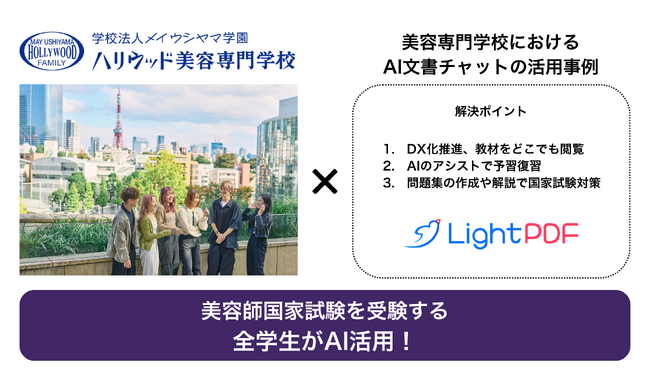 メディアナビ、AI文書チャットの「LightPDF」をハリウッド美容専門学校へ導入！既存の学校教材を「AI対応のデジタル教材」として活用、言語問わず学生がいつでもAIに不明点を質問