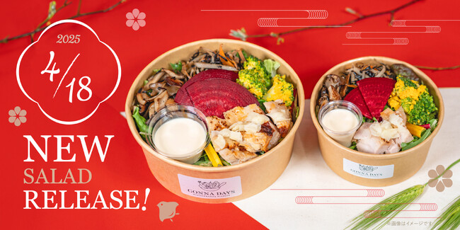 GONNA DAYSから「和×ヘルシー×ボリューミー」の新提案！進化した和の味わい「照り焼きチキンと3種デリの和風サラダ」新登場！5種の新ドレッシングも加わり、サラダとの自由な組み合わせが可能に。