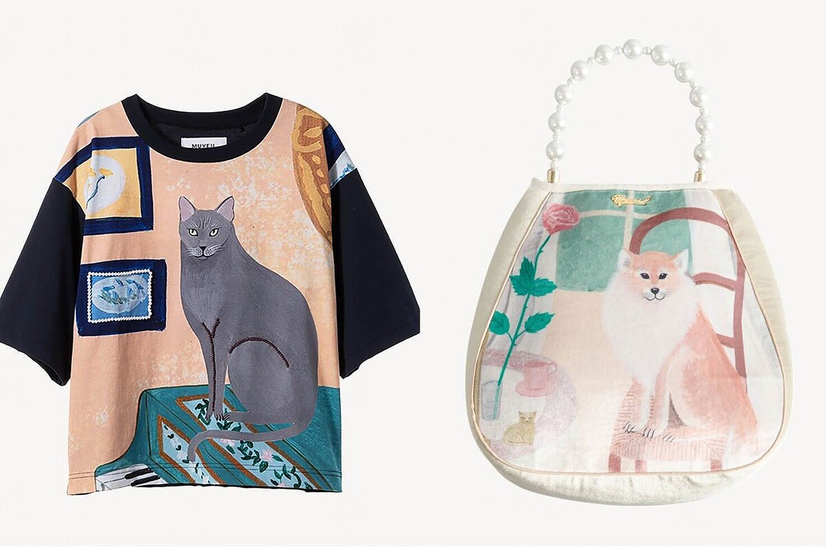ミュベール「犬・猫・リス」描いたTシャツ&パール風持ち手のバッグ、スペイン人アーティストとコラボ